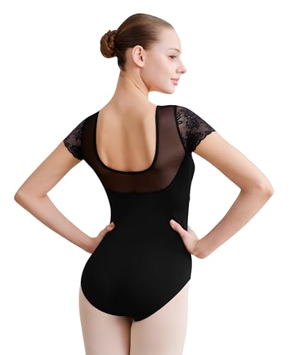 Mulnall Damen Ballett Leotard mit Mesh zurück, schwarze kurzärmelige Spitze Panel Tanzkleidung(237118-06-L)