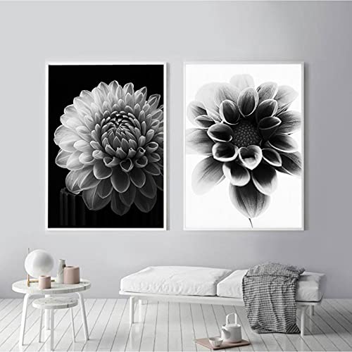 Dahlia noir et blanc tableau fleur salon moderne déco scandinave 2 toiles