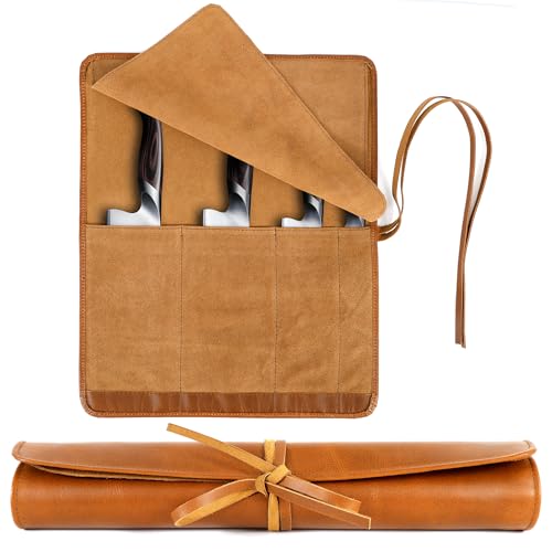Image of ELIZO Leather Knife Roll Bag Professional Chef Knife Case, Durable Knife Sheath Holder, Cooks & Culinary Tools Carrying Storage, Portable Knife Wrap - 4 Slots
