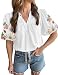 Ecosunny Women's Boho Embroidered Tops V Neck Floral Short Puff Sleeve Casual Shirts Loose Tunic Summer Blouses Fashion 2026 A-white