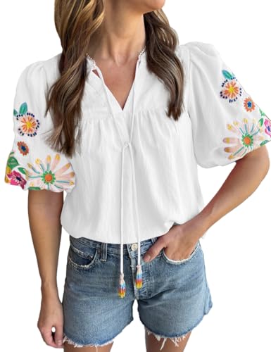 Women's Casual Floral Embroidered V Neck Boho Short Puff Sleeve Mexican Shirts Loose Summer Blouses Tops 2025 Pink S