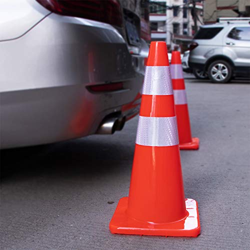 [ 10 Pack ] 28" Traffic Cones Plastic Road Cone PVC Safety Road Parking Cones Weighted Hazard Cones Construction Cones for Traffic Fluorescent Orange w/4" w/6" Reflective Strips Collar