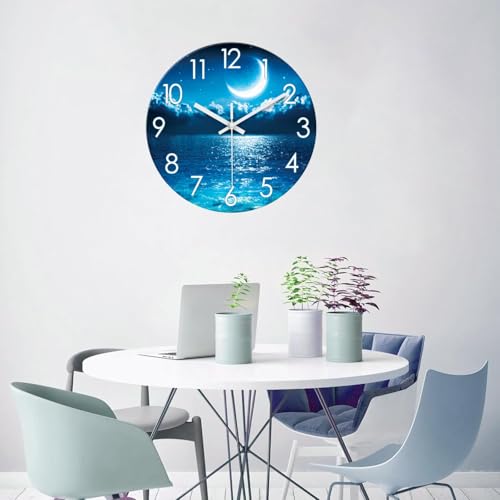 Image of XFM Large Blue Moon Wall Clock Silent Non-Ticking 20 Inch | Battery Operated Round Analog Modern Nature Night Ocean View Decorative Clock for Living Room Kitchen Bedroom Office