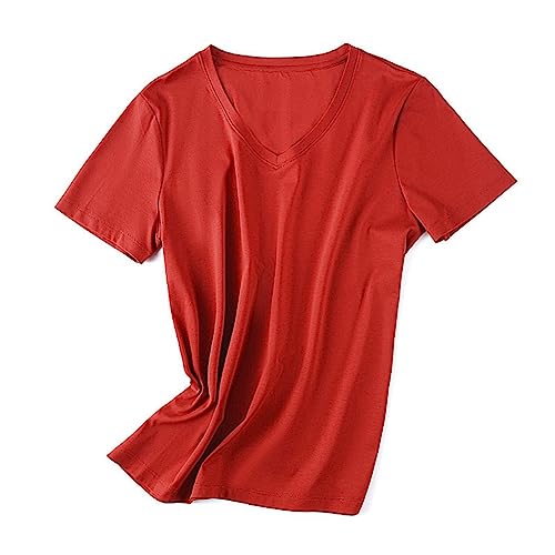 T-Shirt Col en V Rouge pour Femme | Haut en Coton Ajusté Chic d'Été