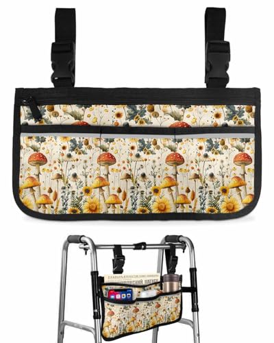 Anzona Farmhouse Mushroom Wheelchair Side Bag Walker Bag, Fall Sunflower Floral Wheelchair Accessories Armrest Pouch, Organizer Storage Bag for Walkers, Rollators, Scooters, 7.3''x13''