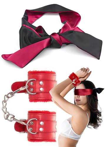 Fluffy Handcuffs with Chain Adjustable Cuffs and Red Satin Eye Mask 59 Adjustable 2pcs Accessories