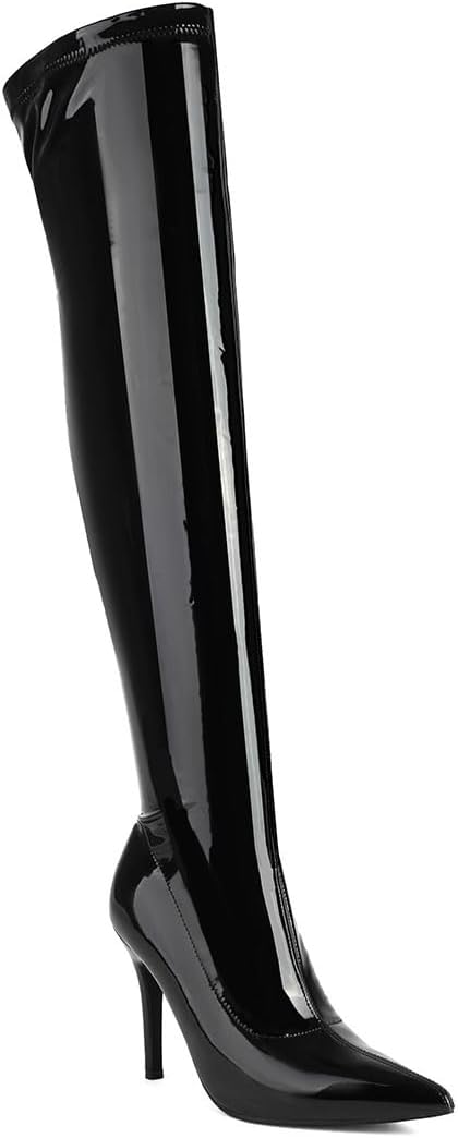 Feinlina Women's Black Thigh High Boots Stretch Patent Leather Sexy Pointed Toe High Heel Stiletto Long Over The Knee Boots