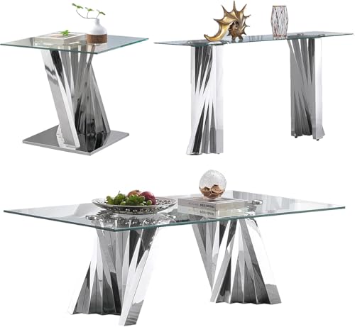 KUVADAZ Clear Glass Coffee Table Set of 3, Luxury Glass Silver Coffee Table, Console Table and End Table with Stainless Steel S-Legs, Rectangular 3 Piece Living Room Table Set for Bedroom Home Office
