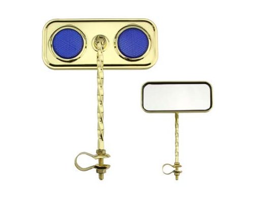 Lowrider Rectangle Twisted Mirror Gold/Blue Reflectors. Bike Mirror, Bicycle Mirror, Beach Cruiser, Chopper, Limo, Stretch Bike, BMX, Track, Fixie, Mountain Bikes
