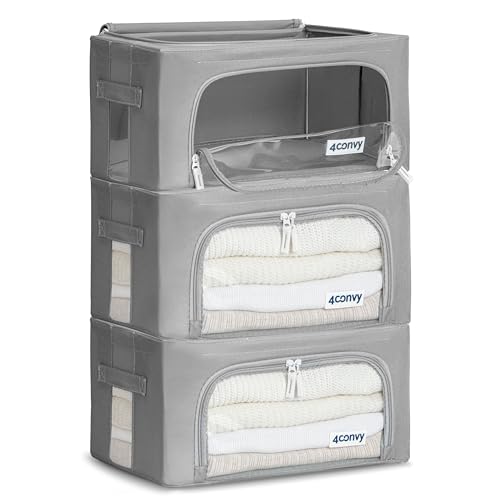 4CONVY Cajas de Almacenaje de Ropa para Armario con Cremallera, Marco de Metal - [2024 MATERIAL MEJORADO] Almacenaje de Ropa Estable - Bolsa para Guardar Ropa, Mantas - Cajas Apilables - 3x24L
