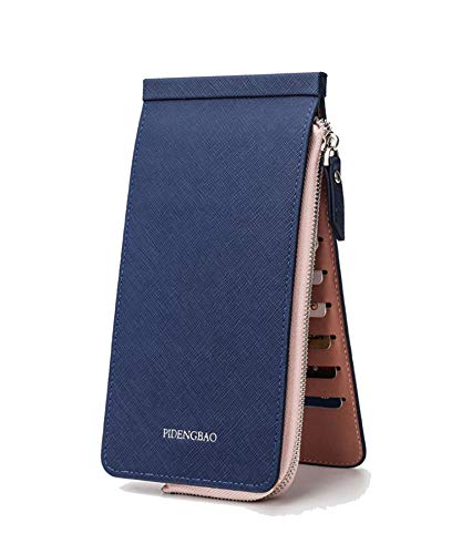 カードケース スリム スマホケース 大容量 薄型 ポイントカード カードホルダー 財布メンズ ビジネス 三つ折り 長財布 社会人 学生 高校生 プレゼント 母の日 お仕事 コンパクト 10×20cm 収納 カード 26枚 スマホ ファスナーポケット付き (ブルー)