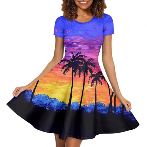 Image of HUGS IDEA Womens Puffy Swing Midi Dress Round Neck Short Sleeve Party A-Line Dresses