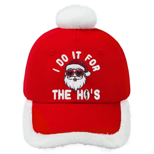 I Do It for The Ho's Santa Hat Funny Inappropriate Christmas Embroidered Xmas Red Baseball Cap with Fuzzy Fur Pom
