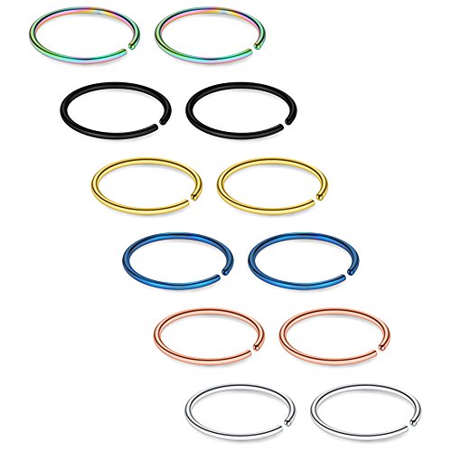 SCERRING 12PCS 22G Stainless Steel Fake Nose Septum Hoop Rings Lip Helix Cartilage Tragus Ear Ring Piercing 6mm - Mix Color