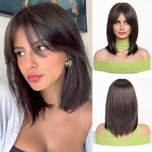 Esmee Kurze Gerade Dunkelbraun Bob Perücken mit Vorhang Pony Schulterlänge natürliche Perücke synthetische Cosplay-Perücken für Frauen