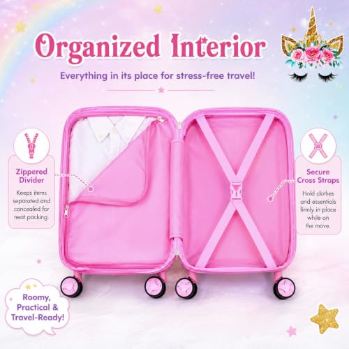 Image of CCJPX 5Pcs Kids Luggage for Girls, 16 inch Travel Suitcase Set with Spinner Wheels, Unicorn Hardside Carry on Toddler Rolling Suitcase Airline Approved (Pink)