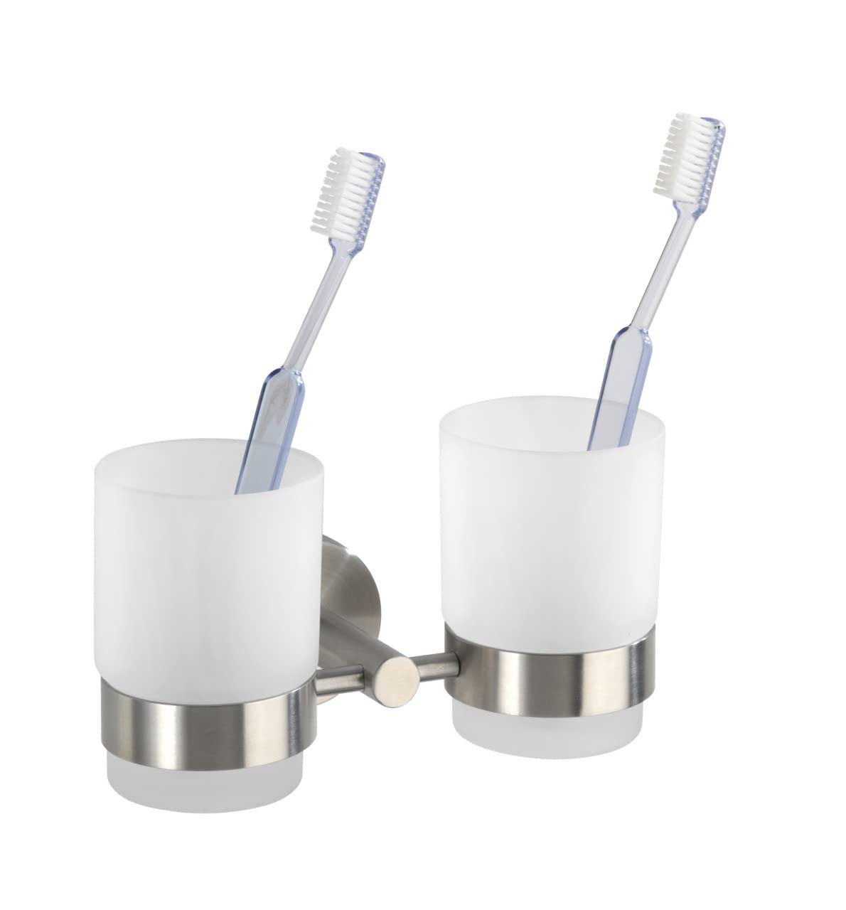 WENKO 19638100 Bicchiere portaspazzolini con supporto Duo Bosio satinato, Acciaio inossidabile, 17.5 x 9.5 x 9 cm, Opaco
