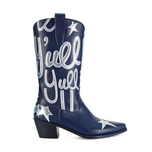 Image of Women's Mid Calf Western Cowboy Boots Pull On Cowgirl Boots with Fashion Star Embroidery Letter Pointed Toe Chunky Heel