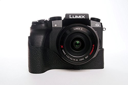 Demi étui caméra en cuir véritable fait main noir pour boîtier Panasonic Lumix G7