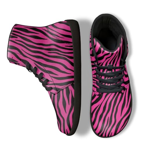 Binienty Rose Pink Zebra Print Womens Minimalist Trail Running Barefoot Shoes with Ankle Support PU Leather High Top Barefoot Sneakers Outdoor Footwear, US 6.5