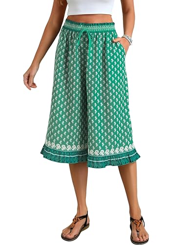 Image of Womens Wide Leg Palazzo Capri Pants Fun Vintage Print Flowy Cropped Capris
