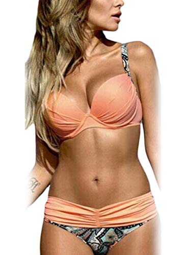 Dokotoo Maillot de Bain 2 Pièces Femme Sexy Push Up Bandage Bikini Amincissant Imprimé Halterneck Triangle ,Rose,Medium Cover