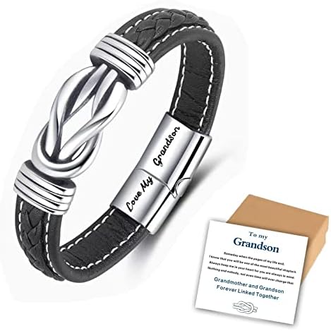 HPKJUYDS Grandmother and Grandson Forever Linked Together Braided Leather Bracelet, Men's Knot Wristband Cuff Inspirational Birthday Bracelet Gift from Grandma (1pc)