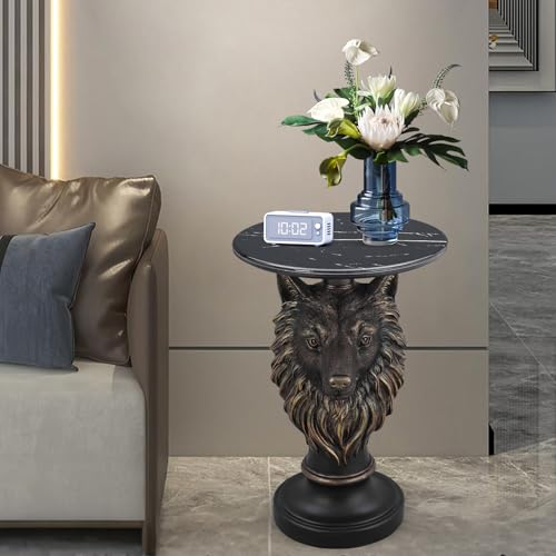 Virubi Wolf Head Accent Table Animal Statue End Table, Faux Marble Top Resin Pedestal Table, Luxury Statement Furniture for Living Room Hallway