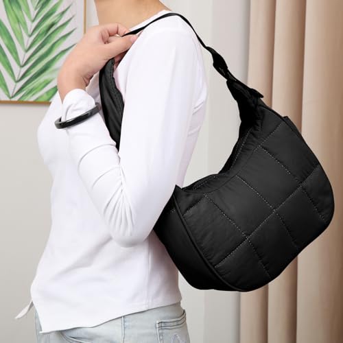 Image of Small Puffer Crescent Underarm Shoulder Bag for Women, Nylon Quilted Purses Handbags with Adjustable Strap, Black
