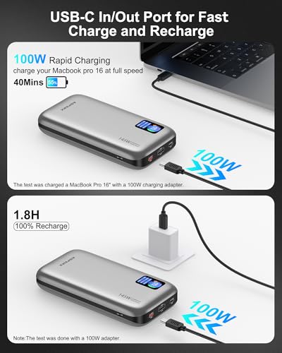 Image of AsperX Laptop Power Bank, 145W PD 3.1 Fast Charging Portable Charger, TFT Smart Display USB C Battery Pack for MacBook /iPhone 16 /Dell XPS /Galaxy S25 /Steam Deck /ipad (Flight-Approved)
