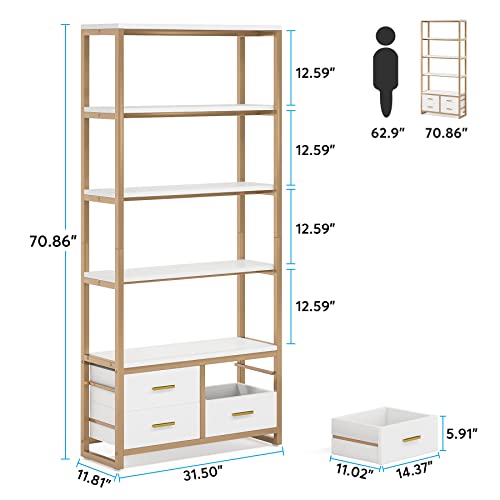 Tribesigns Set Of 2 Gold Bookshelf, 70.9" Tall White And Gold Etagere Bookcase With 4 Drawers, Modern 5-Tier Open Display Storage Shelf For Living Room, Home Office #TOP1