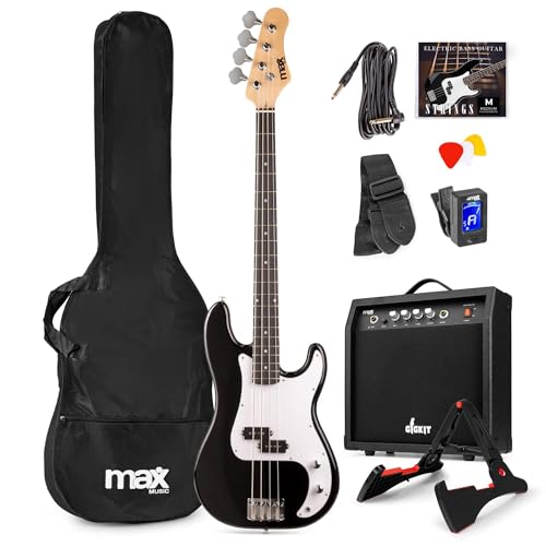 MAX GigKit Bassgitarre Set, E Bass Gitarre, Bass Guitar mit Gitarrenverstärker, Tasche, Stimmgerät, Plektren, Ständer, Gurt, Kabel und Ersatzsaiten - 21 Bünde - schwarz