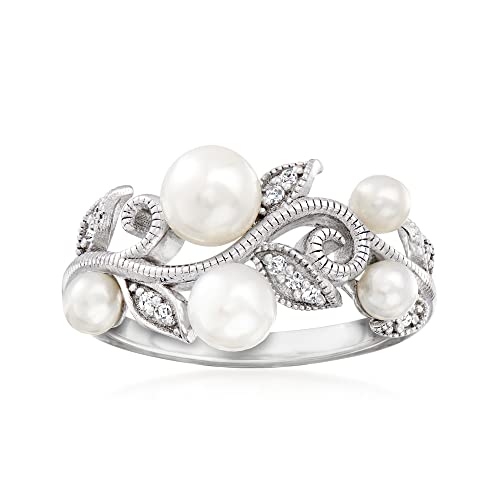 Ross-Simons 3-5.5Mm Cultured Pearl Leaf Ring With Diamond Accents In Sterling Silver. Size 8 #TOP8