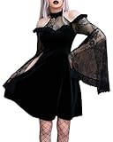 LVCBL Cold Shoulder Womens Gothic Victorian Dress Halloween Lolita Lace Skirt Black