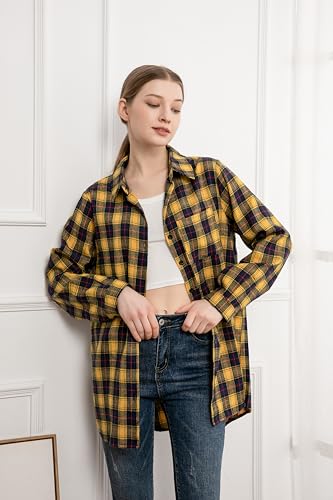 Minibee Women's Cotton Blouses Tops Plaid Long Sleeve High Low Button Down Shirts Tunic4