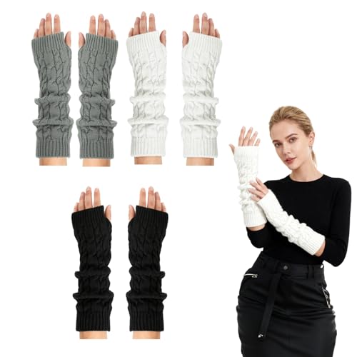 SIWOKJJO 3 pares de calentadores de brazos, guantes de manoplas, mangas sin dedos con agujero para el pulgar, guantes de punto trenzado sin dedos, calentadores de muñeca para mujer para clima frío