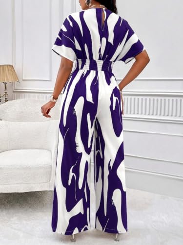 Image of PerZeal Women's V-Neck Short Sleeve Printed Jumpsuit with Pockets - Casual Wide Leg One-Piece Romper for Summer(S-XXL)