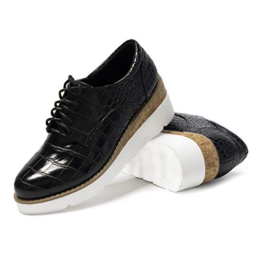 Chenghe Women's Platform Wedges Oxford Shoes Lace Up Square Toe Faux Leather Platform Oxfords Mid Heel Dress Shoes Size 7.5 Black