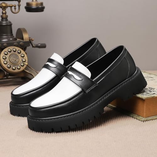 Image of Men's Leather Platform Chunky Slip-On Penny Loafers Classic Round Toe Lug Sole Business Casual Formal Work Shoes