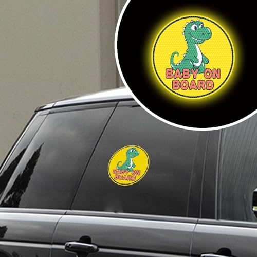 Image of 2PCS Assured Signs Baby On Board Sign Stickers,Reflective Baby Safety Warning Decal for Cars- Bright Yellow, Durable (Dinosaur Baby on Board)