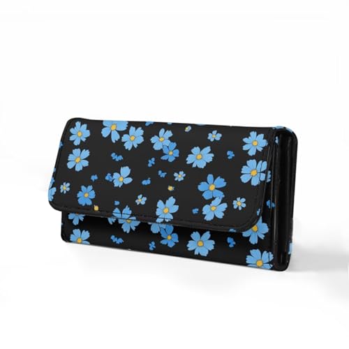 Image of AFPANQZ Womens Leather Wallets Blue Flower Large Capacity Card Holder Zipper Travel Purse, Phone Holder Coin Zip Pocket Multi Cards