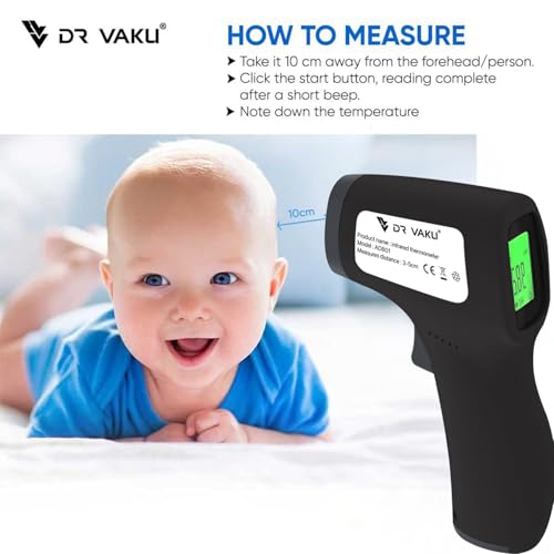 Image of DR VAKU Plastic Digital Thermometer For Fever Non-Contact Laser Infrared Forehead Thermometer Temperature Gun Accurate Reading with Large Display [Battery Included] - Black