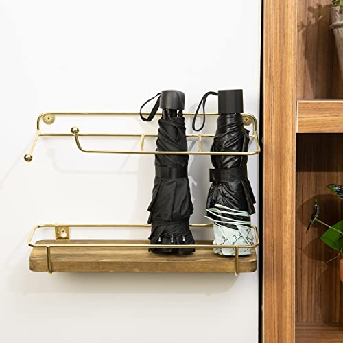 Mygift Wall Mounted Indoor Umbrella Holder Rack With Burnt Wood Base And Brass Metal Wire Frame, 2 Piece #TOP3
