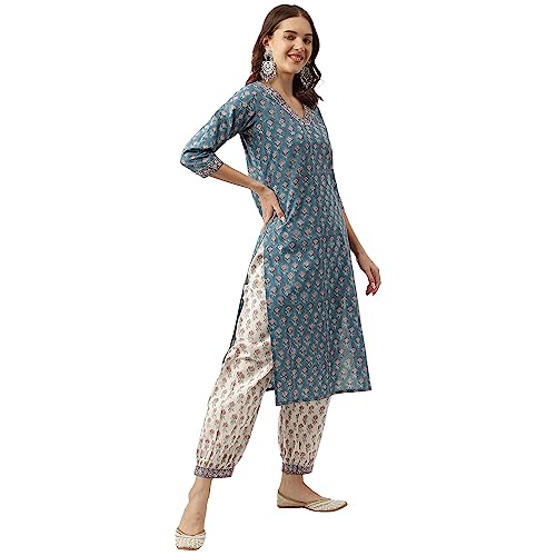 Image of Divena blue Floral Printed Cotton Embroidered kurta, Trouser with Dupatta