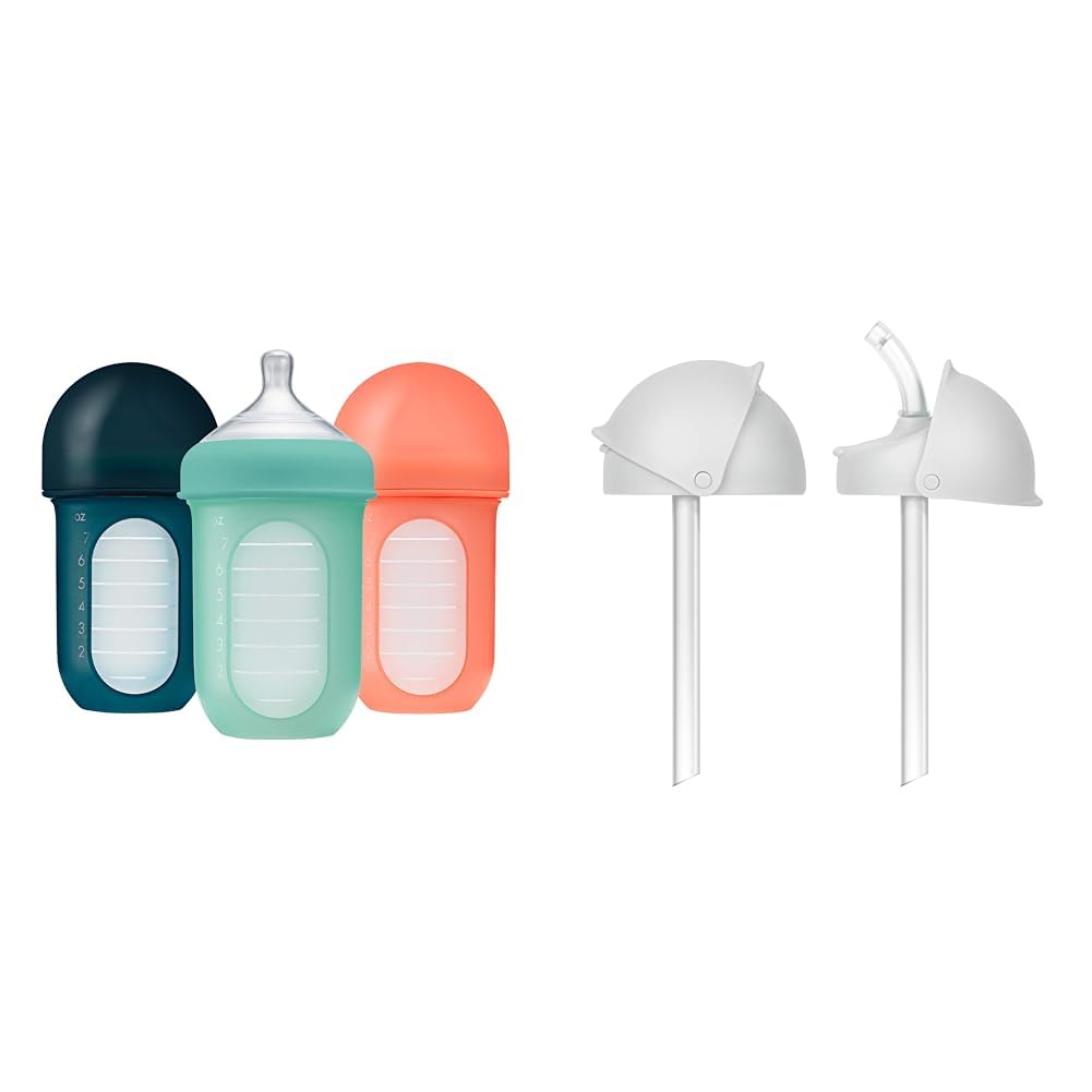 Boon Nursh Silicone Baby Bottles with Straw Sippy Cup Lids - Stage 2 Medium Flow - Mint - 3 Count 8 Oz Bottles and 2 Count Conversion Tops