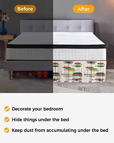 Turquoise Orange Bed Skirt Queen Size 18 Inch Drop, Adjustable & Elastic Wrap Around Bed Skirts Pleated Luxury Dust Ruffles For Twin Full Queen Cal King Base Bed, Retro Middle Teal Century Yellow Grey #TOP2