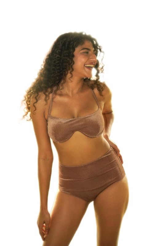 lost ape Epona Ribbed High Waist Bikini Bottoms Olive Green Full Coverage Swim-picture-0