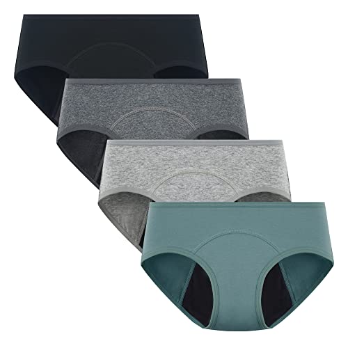 POPKOK 4er Pack Mädchen Perioden Unterwäsche Unterhosen Slip Baumwolle Unterhosen (12-14 Jahre Schwarz/Dunkelgrau/Grau/Kieferngrün)