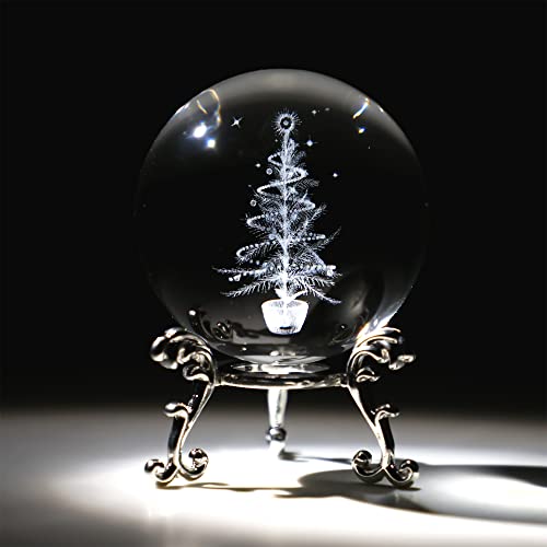 Zeershee 3D Laser Engraved Christmas Tree Paperweights Crystal Ball With Stand 3D Glass Christmas Tree Figurine For Kids Home Party Christmas Decoration (2.3In) #TOP6