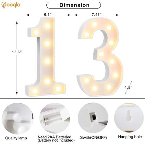 Image of Pooqla 13th Birthday Decorations for Girls Boys, Large 12.6 in Tall Light Up Numbers for 13th Party Decorations Table Decor, Big Marquee Numbers 13th Birthday Gift for Girls Wedding Anniversary Decor